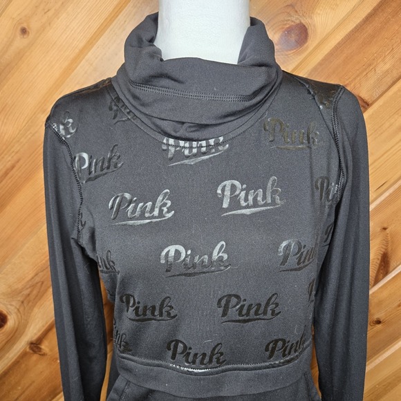 Victoria's Secret PINK Ultimate Pullover Athletic Top Black Sz XS Logo Thumbhole - Picture 2 of 6